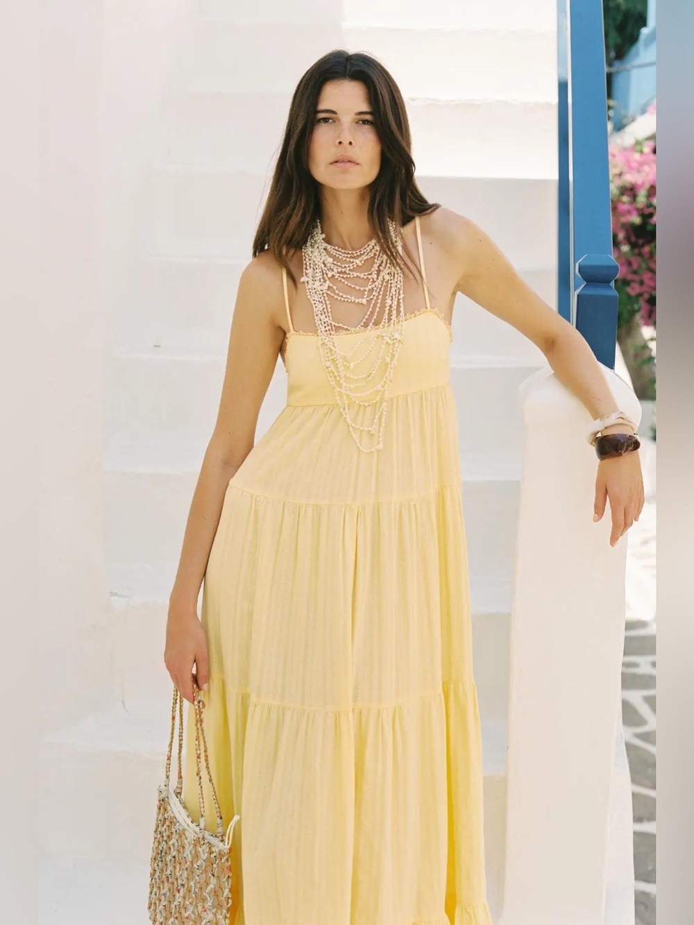 Zara Open Back Panel Maxi Dress Straight Neckline Adjustable Straps Pale Yellow